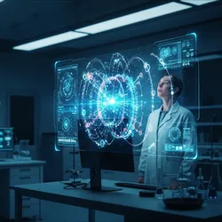 A futuristic lab professional interacts with a holographic AI data visualization at night.