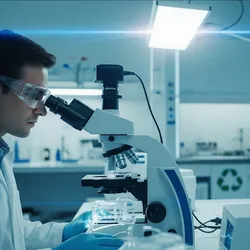 A scientist in a modern, sustainable lab works with a lab-on-a-chip device, showcasing green analytical chemistry.