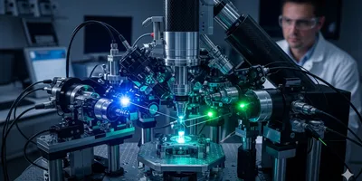 High-tech nanoscope with glowing lasers in a laboratory for single-molecule analysis.