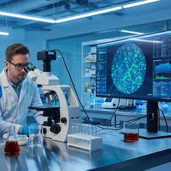 Two diverse food scientists in lab coats examine a glowing microbial culture and digital data on a large monitor in a modern food science laboratory.