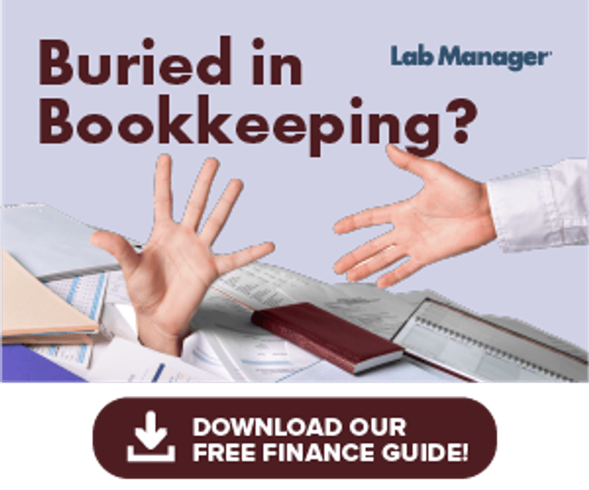 Hand reaching out from piles of paperwork and the text “Buried in Bookkeeping? Download our free finance guide
