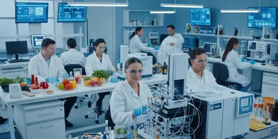 A team of diverse food scientists in a high-tech lab, analyzing samples with advanced equipment and digital displays, ensuring food quality and safety.