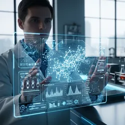 A food scientist uses a futuristic holographic screen with AI data for food product development in a modern lab.