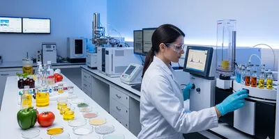 Food scientist using HPLC to analyze food samples in a modern lab.