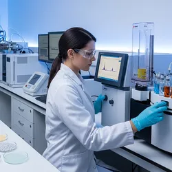 Food scientist using HPLC to analyze food samples in a modern lab.