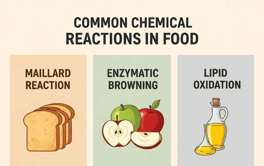 Infographic of the common chemical reactions which occur within food.