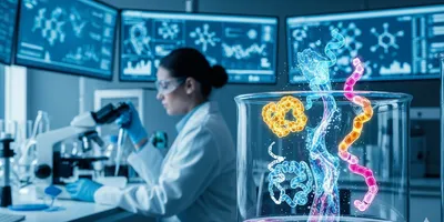 A food science lab with a beaker showing glowing molecular structures of carbs, proteins, and lipids, symbolizing nutritional analysis.