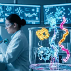 A food science lab with a beaker showing glowing molecular structures of carbs, proteins, and lipids, symbolizing nutritional analysis.