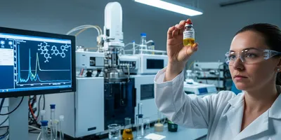 A scientist examining a vial of liquid in a flavor chemistry lab with GC-MS equipment.