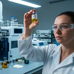 A scientist examining a vial of liquid in a flavor chemistry lab with GC-MS equipment.