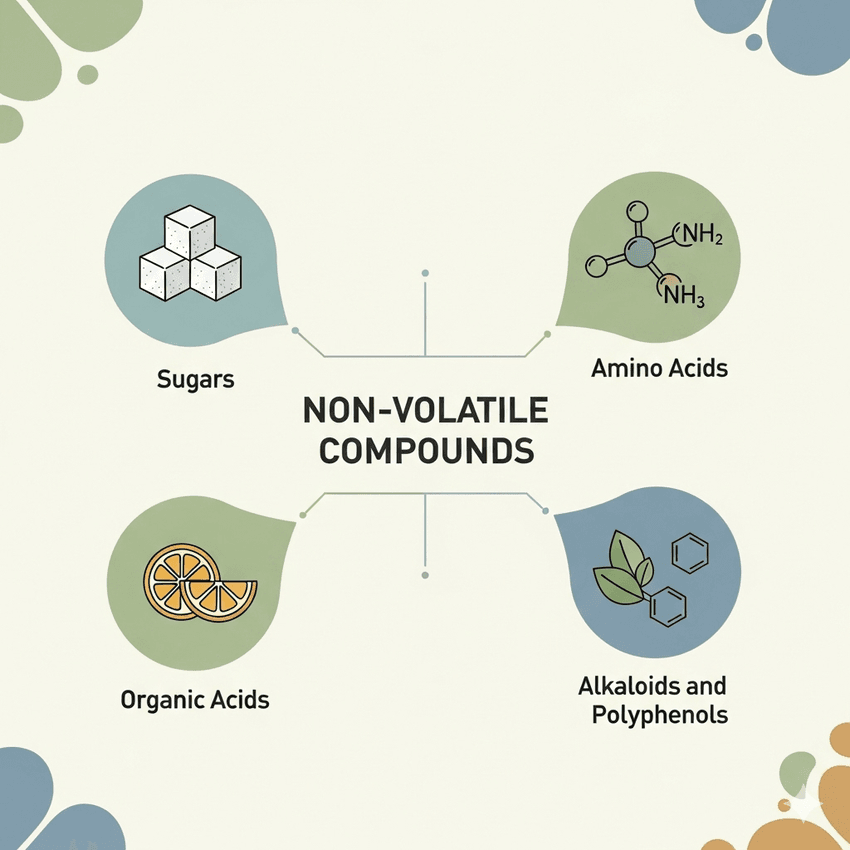 Infographic of non-volatile compounds in flavor chemistry.