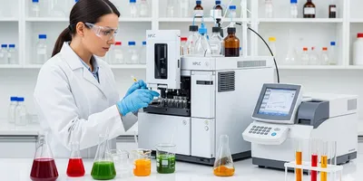 Image of a food scientist using HPLC to test nutrient stability in a lab.