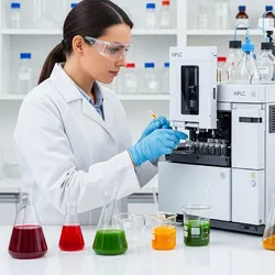 Image of a food scientist using HPLC to test nutrient stability in a lab.