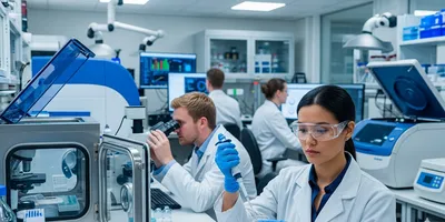 Scientists conduct microbiological testing in a modern lab with advanced equipment to ensure food safety.