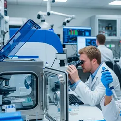 Scientists conduct microbiological testing in a modern lab with advanced equipment to ensure food safety.