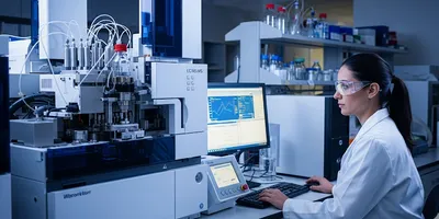 A female scientist operates an LC-MS/MS machine for chemical food residue testing in a modern lab.
