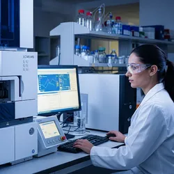 A female scientist operates an LC-MS/MS machine for chemical food residue testing in a modern lab.