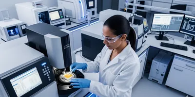 A laboratory professional uses an ICP-MS machine to perform nutritional analysis in a high-tech lab.