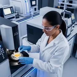 A laboratory professional uses an ICP-MS machine to perform nutritional analysis in a high-tech lab.