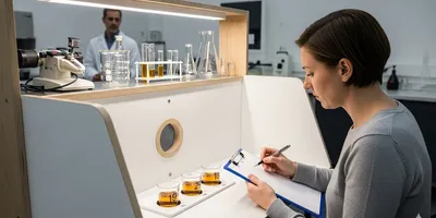 Food scientist in a sensory evaluation booth tasting samples.