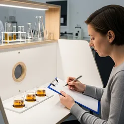Food scientist in a sensory evaluation booth tasting samples.