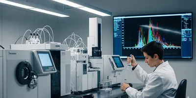 A close-up, high-tech food science lab with a scientist working on a chromatography machine.