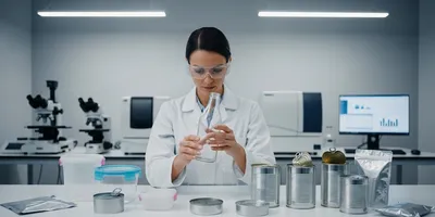 A food scientist inspects different food packaging materials in a sterile lab environment, highlighting the intersection of chemistry and product preservation.