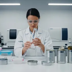 A food scientist inspects different food packaging materials in a sterile lab environment, highlighting the intersection of chemistry and product preservation.