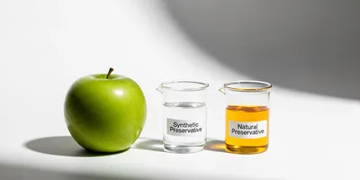 A studio product shot of a green apple between two beakers labeled 'Synthetic Preservative' and 'Natural Preservative.