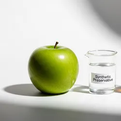 A studio product shot of a green apple between two beakers labeled 'Synthetic Preservative' and 'Natural Preservative.