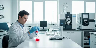A food scientist in a lab coat precisely pipetting a sample in a state-of-the-art food science laboratory.