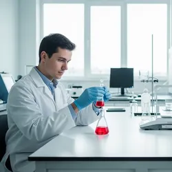 A food scientist in a lab coat precisely pipetting a sample in a state-of-the-art food science laboratory.