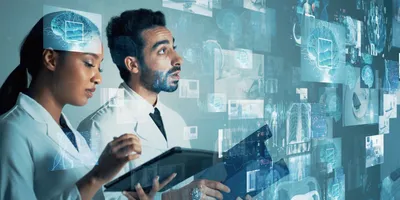 A male and female scientist reviewing digital data overlays—graphs, brain scans, and lab‐instrument visuals—on a transparent interface, symbolizing AI‑enabled data integration in modern labs