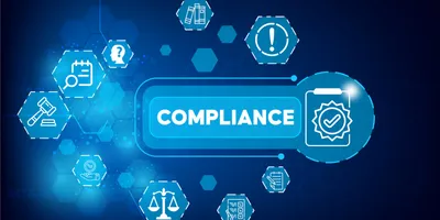 Digital illustration showing the word "compliance" surrounded by icons representing regulations, checklists, and legal accountability—relevant to lab software compliance and traceability.