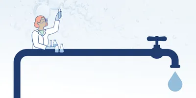 A long spigot with water coming out of it. On the left, a cartoon scientist looks at a test tube full of clear liquid