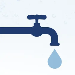 A long spigot with water coming out of it. On the left, a cartoon scientist looks at a test tube full of clear liquid