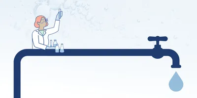 A long spigot with water coming out of it. On the left, a cartoon scientist looks at a test tube full of clear liquid