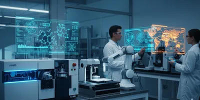 Futuristic food science lab with HRMS, robotic automation, and scientists analyzing genomic data on screens.