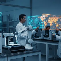 Futuristic food science lab with HRMS, robotic automation, and scientists analyzing genomic data on screens.