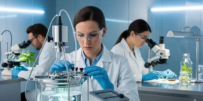 A food scientist in a futuristic lab operates a bioreactor for cultivated meat.