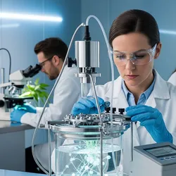 A food scientist in a futuristic lab operates a bioreactor for cultivated meat.