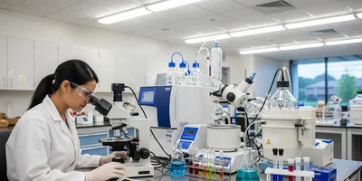 A scientist in a lab coat using a microscope to analyze food waste, surrounded by modern lab equipment, illustrating a circular economy in the food industry.