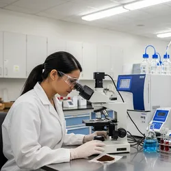 A scientist in a lab coat using a microscope to analyze food waste, surrounded by modern lab equipment, illustrating a circular economy in the food industry.