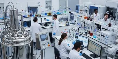 A photo showing two scientists monitoring a precision fermentation bioreactor in a laboratory.