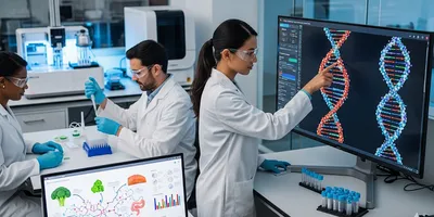 A diverse team of scientists working in a futuristic lab. A female scientist is interacting with a holographic DNA display while a male colleague works with sample vials, illustrating the intersection of genomics and nutrition.