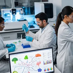 A diverse team of scientists working in a futuristic lab. A female scientist is interacting with a holographic DNA display while a male colleague works with sample vials, illustrating the intersection of genomics and nutrition.