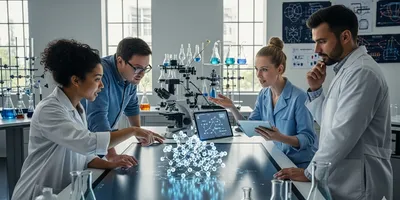 A diverse team of scientists in a modern lab collaborate on an interdisciplinary research project,  as they work together on a large, interactive screen displaying a complex molecular structure.