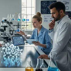 A diverse team of scientists in a modern lab collaborate on an interdisciplinary research project,  as they work together on a large, interactive screen displaying a complex molecular structure.