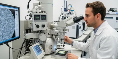Scientist analyzing material sample with electron microscope in a modern lab.
