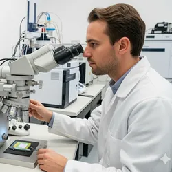 Scientist analyzing material sample with electron microscope in a modern lab.
